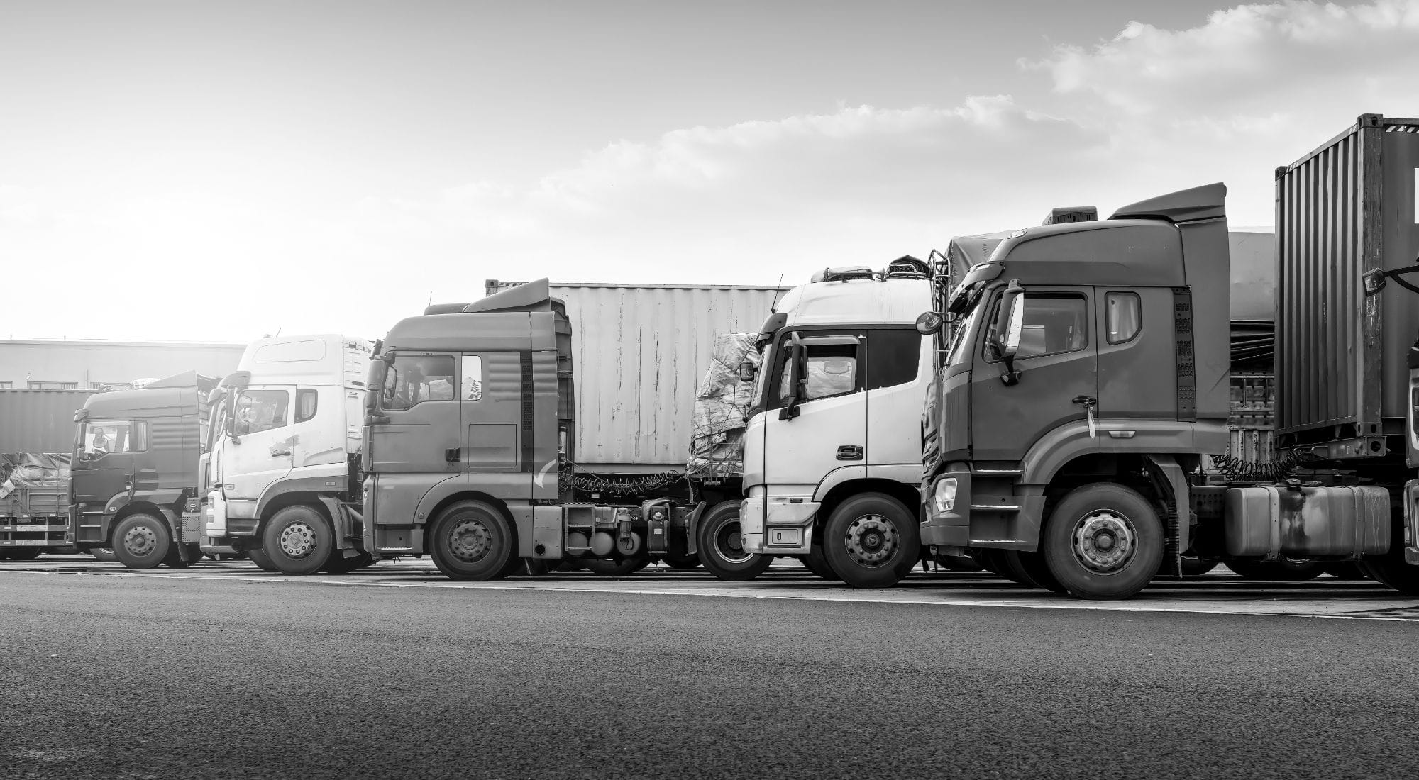 Mehrere Lkw stehen nebeneinander – Fuhrparkmanagement-Lösungen.