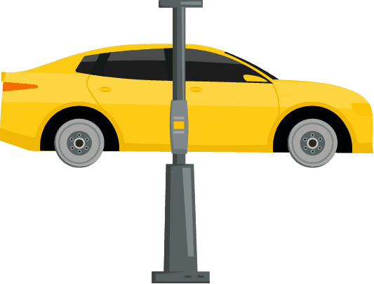 Illustration eines Autos auf einem Prüfstand, dargestellt als technische Grafik.